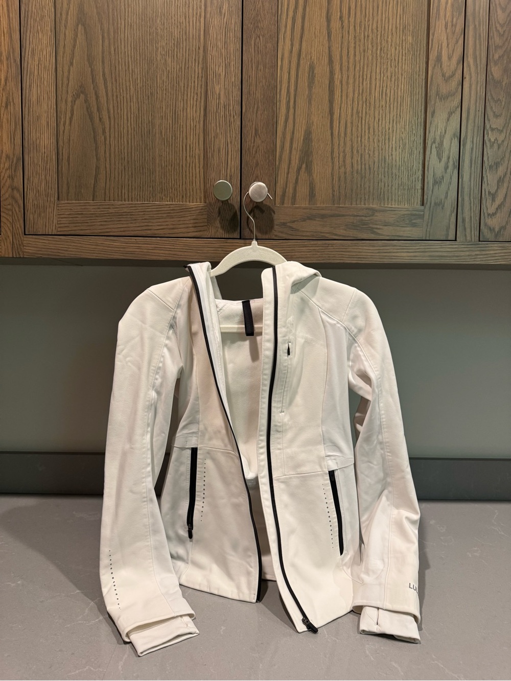 lululemon athletica White Hooded Utility Jacket with Black Accents repel shell